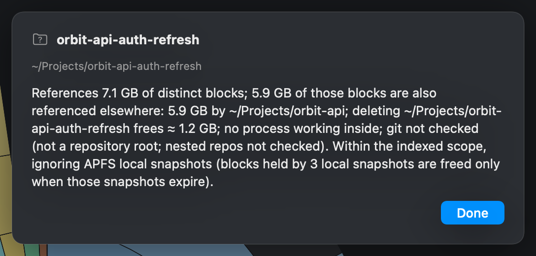 Gigahog's Explain panel for ~/Projects/orbit-api-auth-refresh: references 7.1 GB of distinct blocks, 5.9 GB shared with ~/Projects/orbit-api, deleting frees about 1.2 GB.