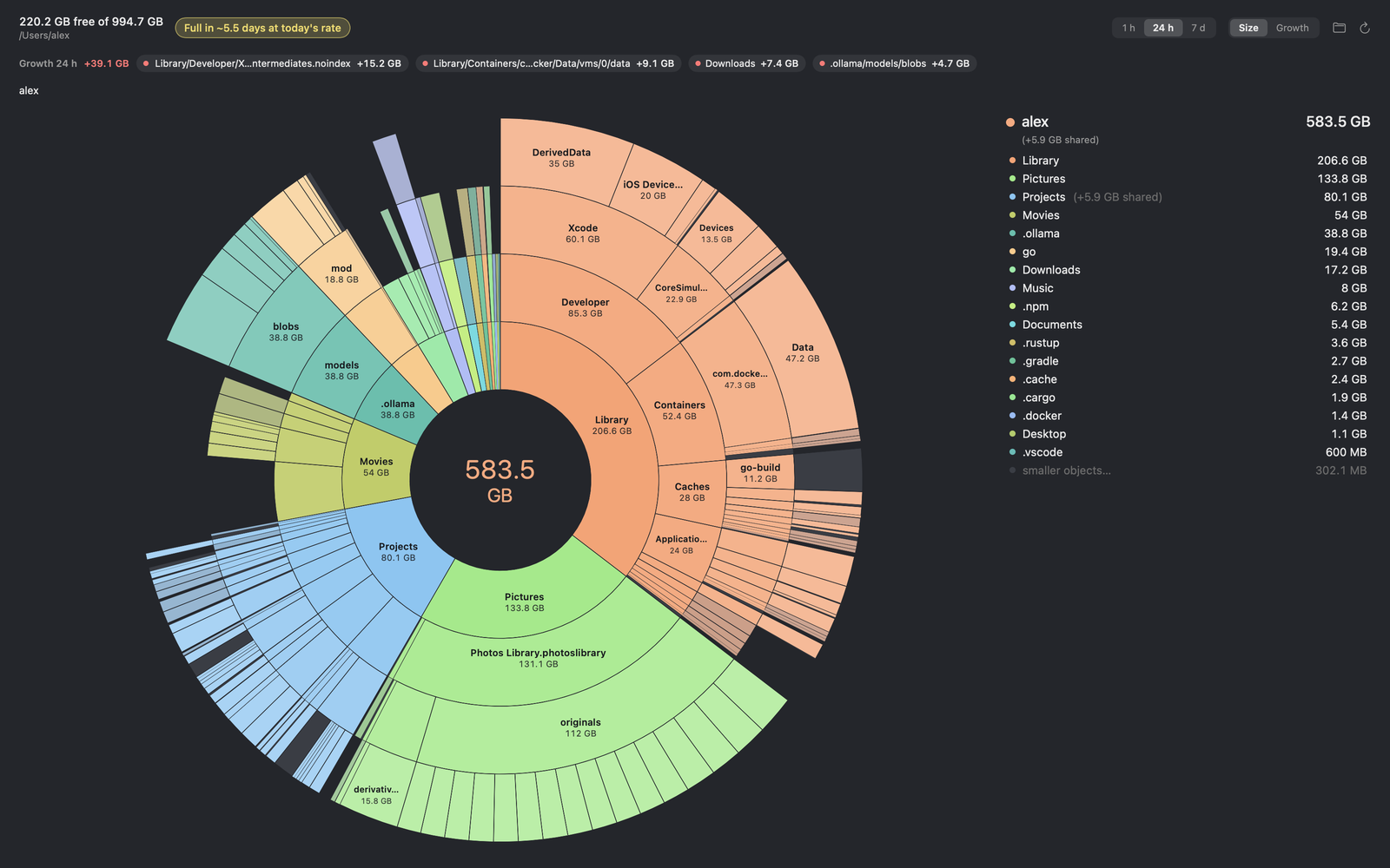 Gigahog's main window: a sunburst of a 583.5 GB home folder, with Library, Pictures, Projects and Movies as the largest rings, and a legend listing their sizes.